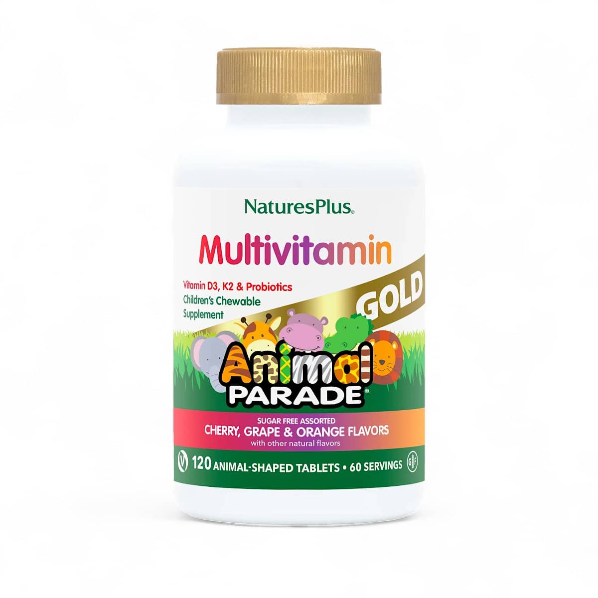 NaturesPlus, Animal Parade Gold®, Children's Chewable Multivitamin Supplement, Cherry, Grape & Orange, 120 Animal-Shaped Tablets 1