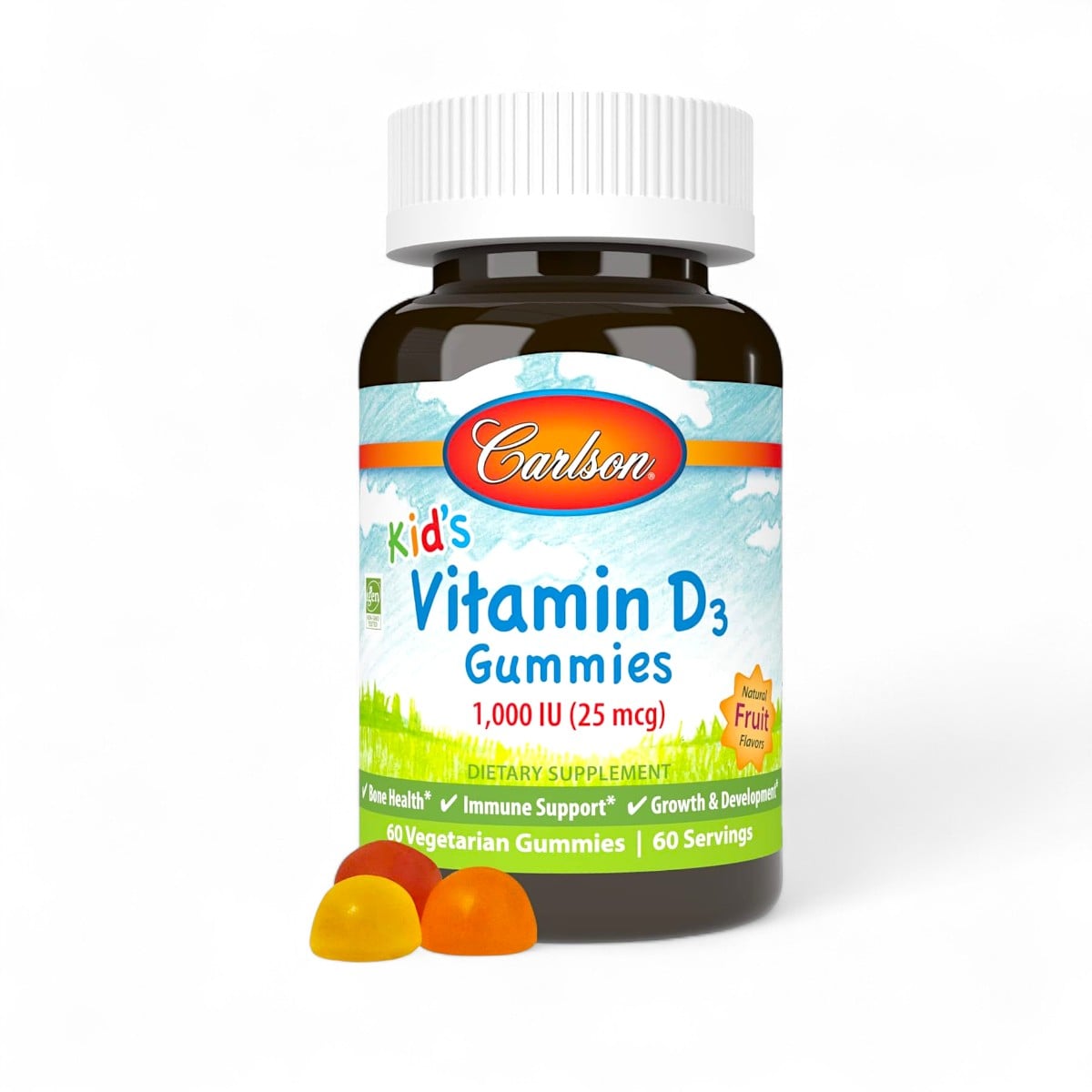 Carlson, Kid's, Vitamin D3 Gummies, Natural Fruit, 25 mcg (1,000 IU), 60 Vegetarian Gummies