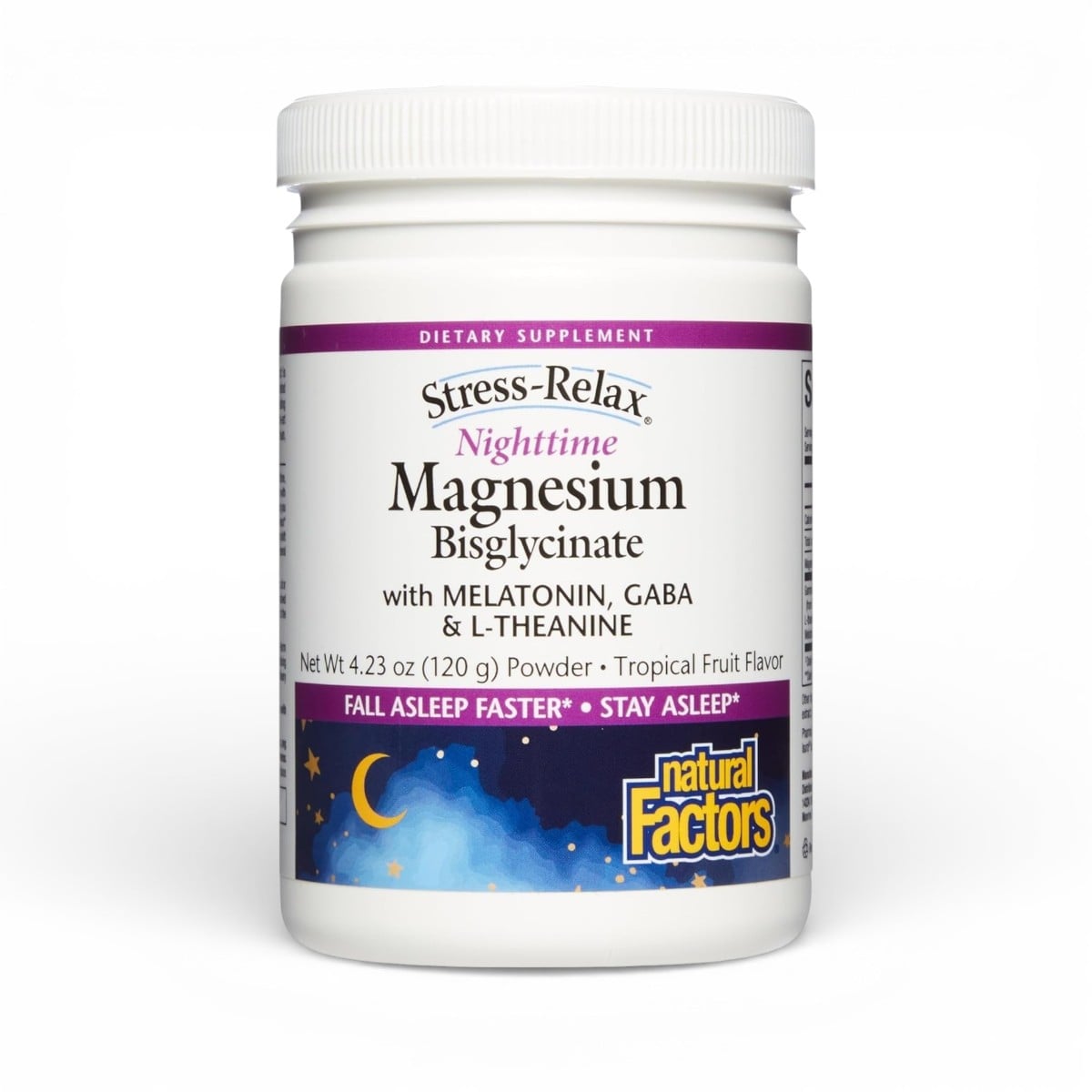 Natural Factors, Stress-Relax®, Nighttime Magnesium Bisglycinate Powder with Melatonin, Gaba & L-Theanine, Tropical Fruit, 4.23 oz (120 g)