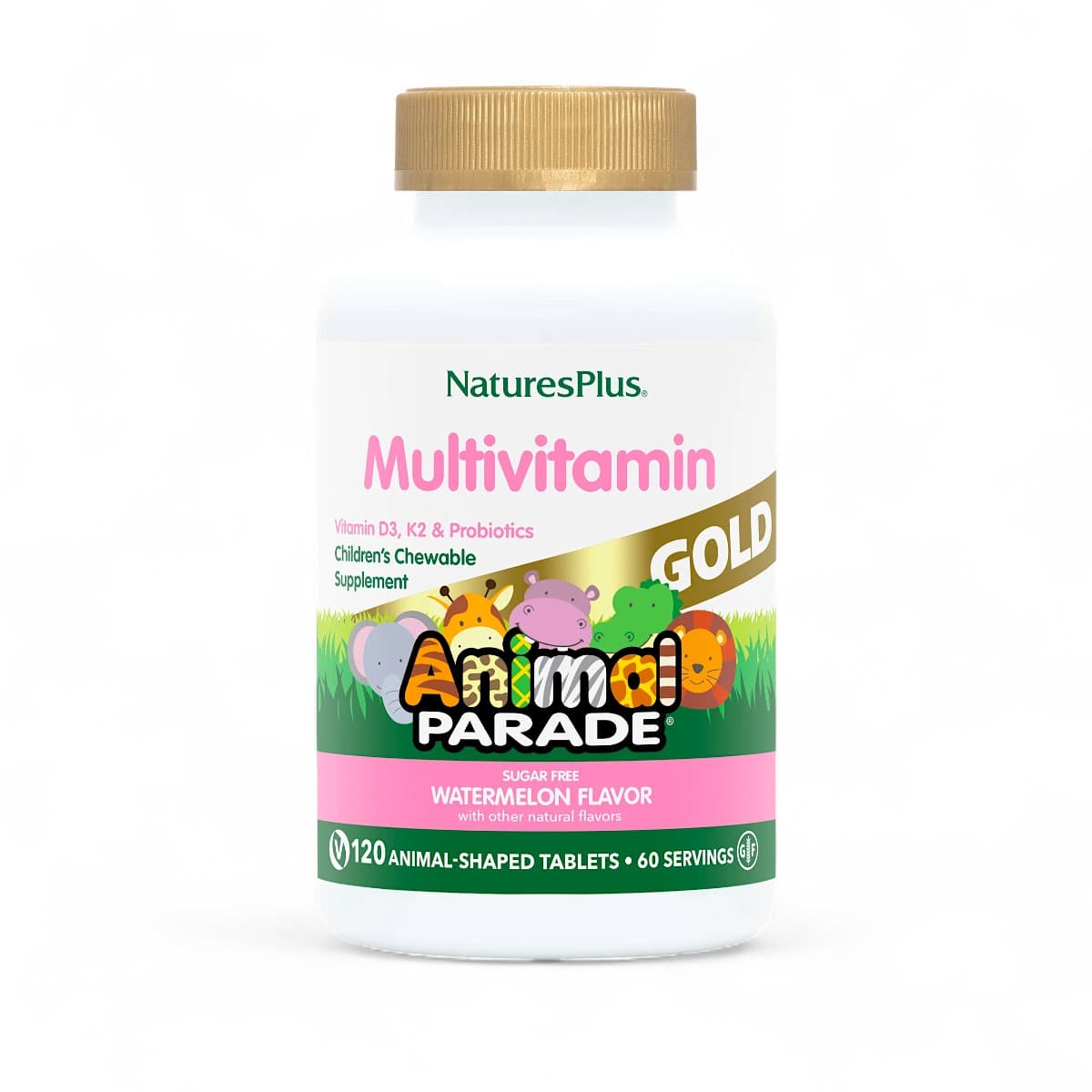 NaturesPlus, Animal Parade Gold, Children's Chewable Multivitamin Supplement, Watermelon, 120 Animal-Shaped Tablets
