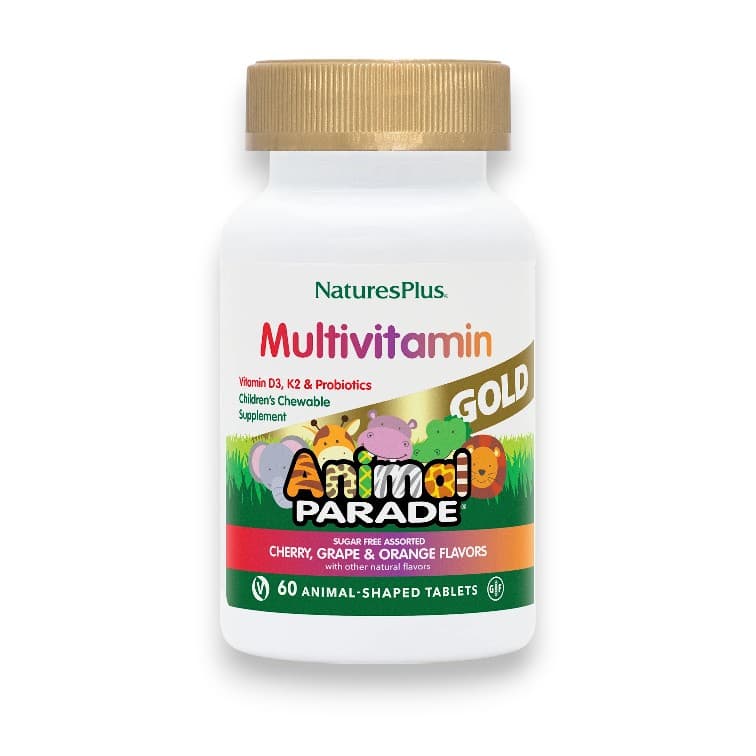 NaturesPlus, Animal Parade Gold, Children's Chewable Supplement, Cherry, Grape & Orange, 60 Animal-Shaped Tablets