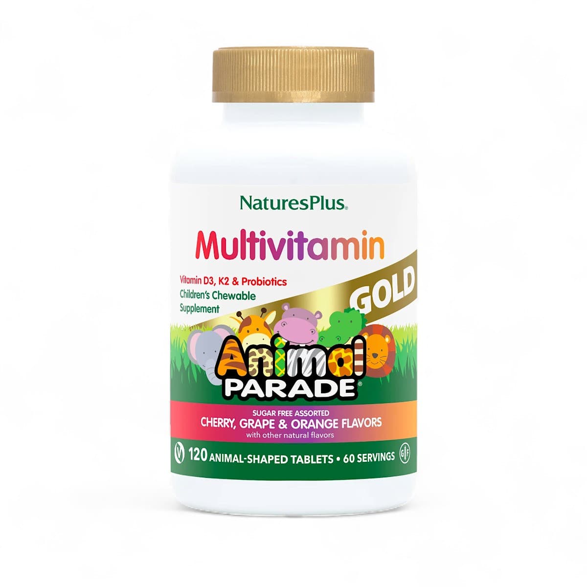 NaturesPlus, Animal Parade Gold®, Children's Chewable Multivitamin Supplement, Cherry, Grape & Orange, 120 Animal-Shaped Tablets